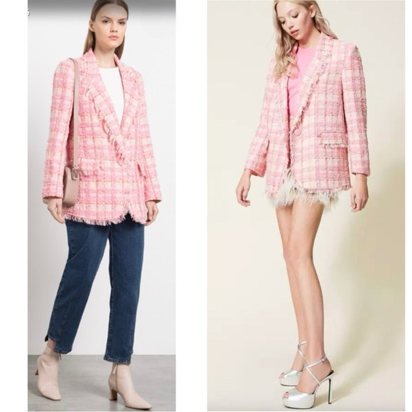 TWINSET ACTITUDE Jacquard Check Boucle Tweed Lurex Fringe Boyfriend Fit Blazer - Picture 1 of 16